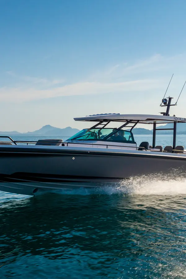 Axopar 37 speedboats anchored in a sunny inlet, ready for exploration along the Cretan coast.